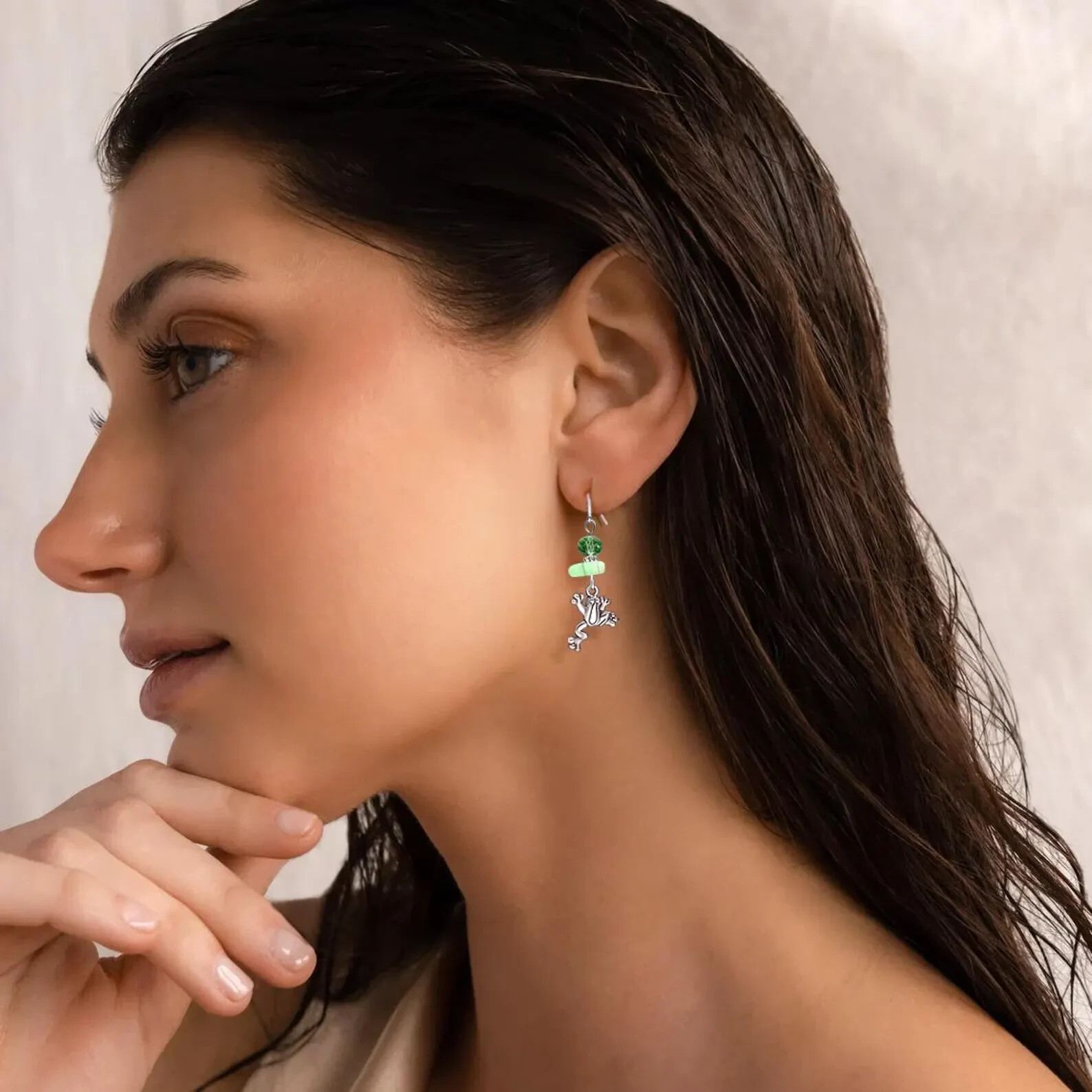 Green Glass Stainless Steel Frog Charm Silver Dangle Earrings Gifts For Her