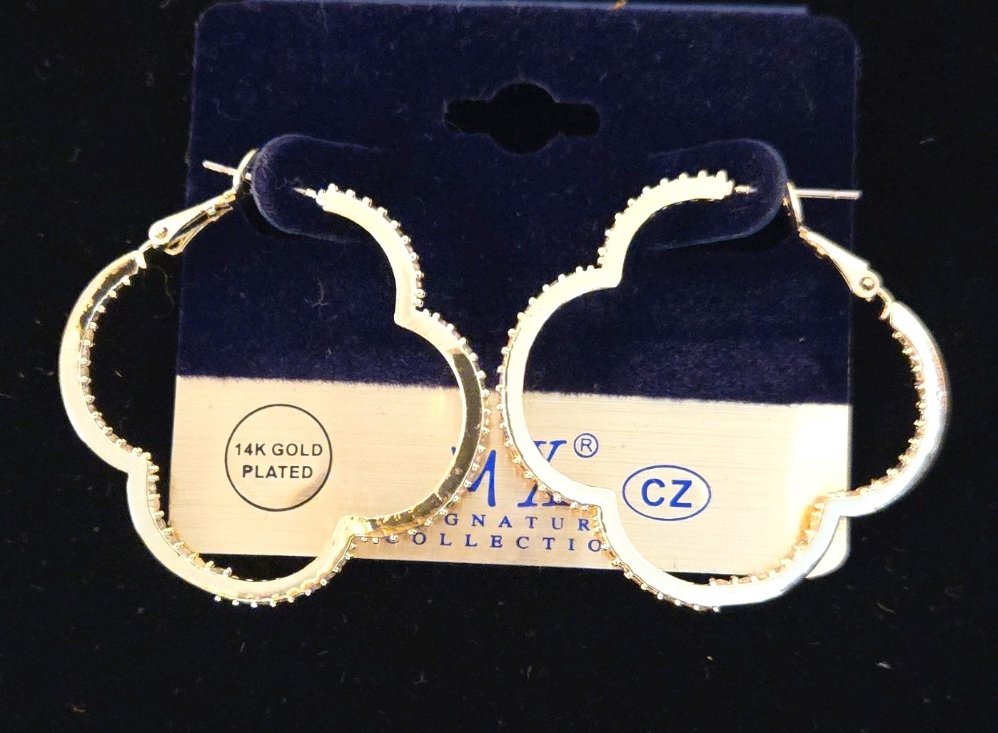 14K Gold Plated Clear CZ Pavé Clover Hoop Earrings Leverback Closure