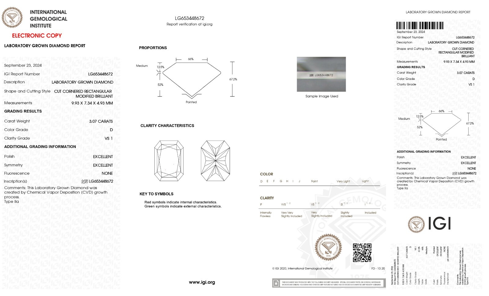 3.07 Cts RADIANT Cut IGI Certified Lab Grown CVD Diamond D Color VS1 Clarity