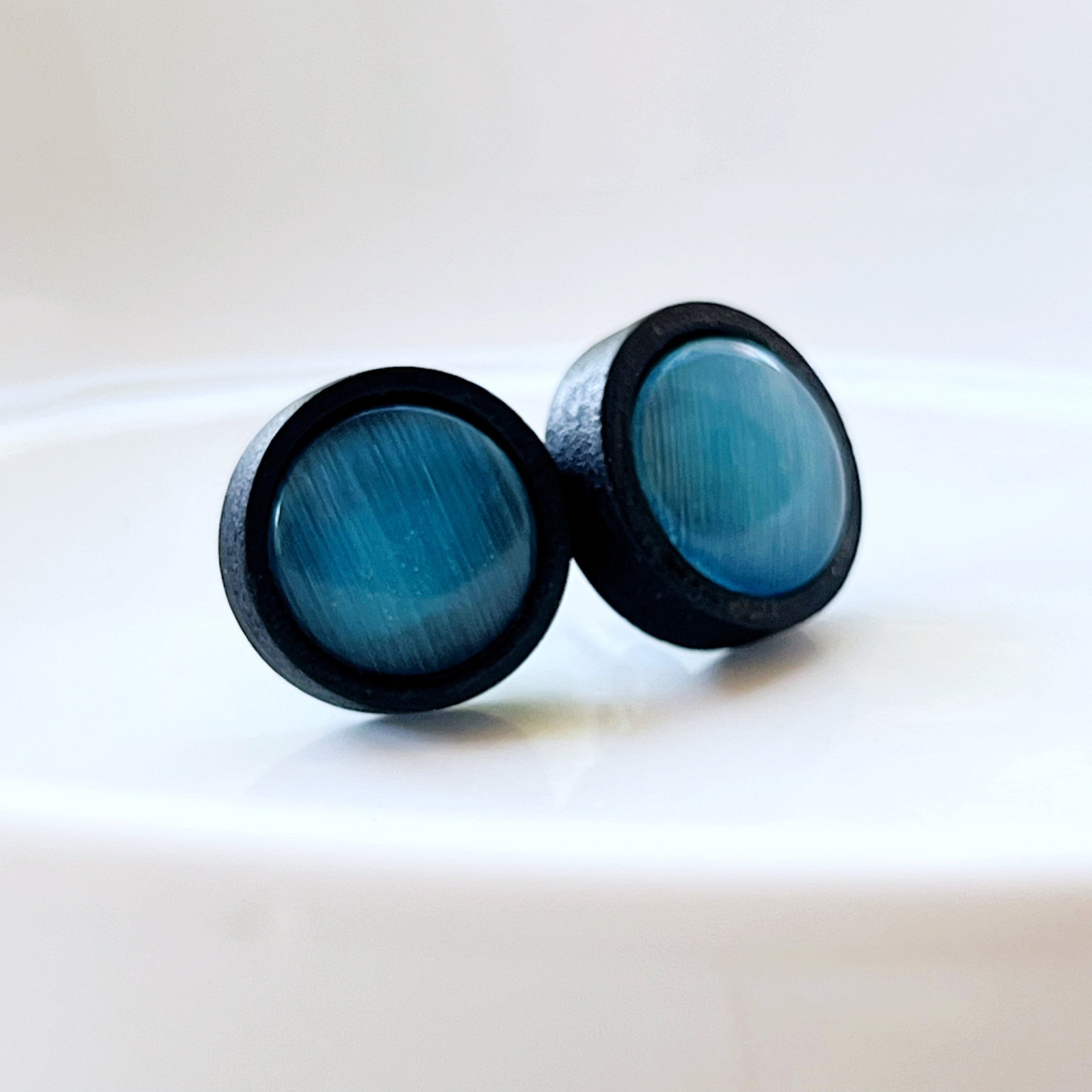 Natural Black Wood Blue Glass Stainless Steel Unisex Stud Earrings