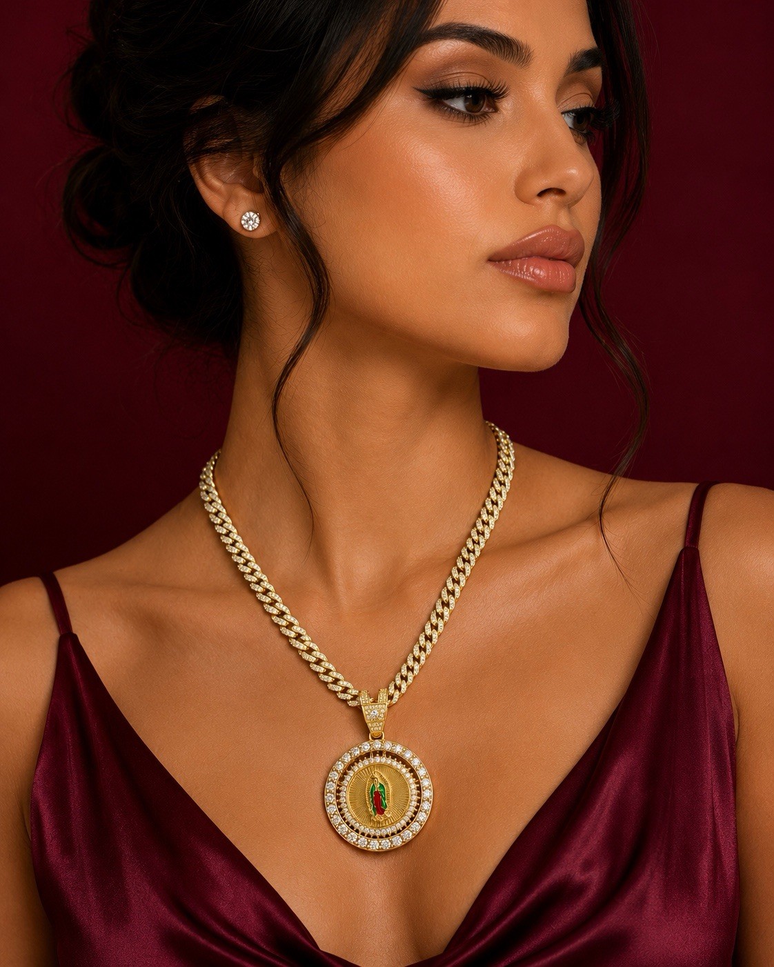 Gold plated Cuban Link Chain Necklace w/ Round spinning CoinPendant Religious