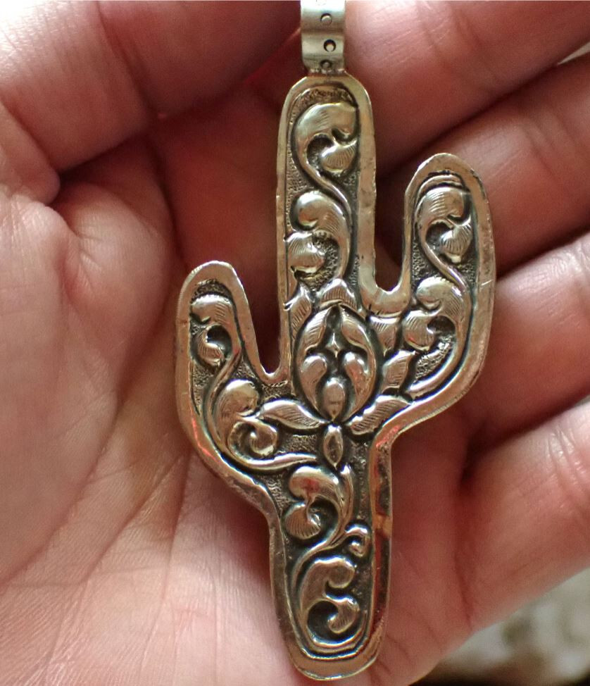Big saguaro Cactus Pendant with Turquoise cab in Tibetan silver 2 3/8 in