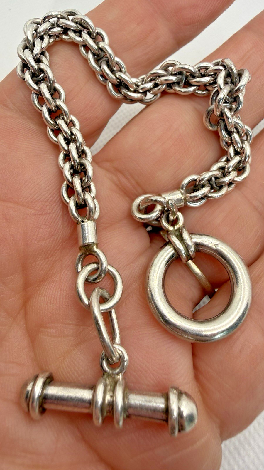Sterling Silver 925 Charm Rolo Belcher Link Toggle Bracelet 28g 8′ Chunky