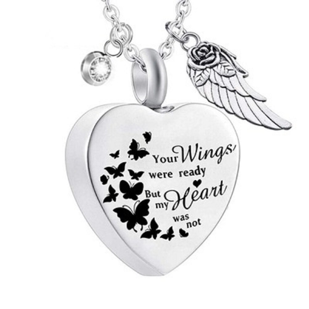 Stainless Steel Angel Heart Wings Ashes Keepsake Cremation Memorial Urn Necklace