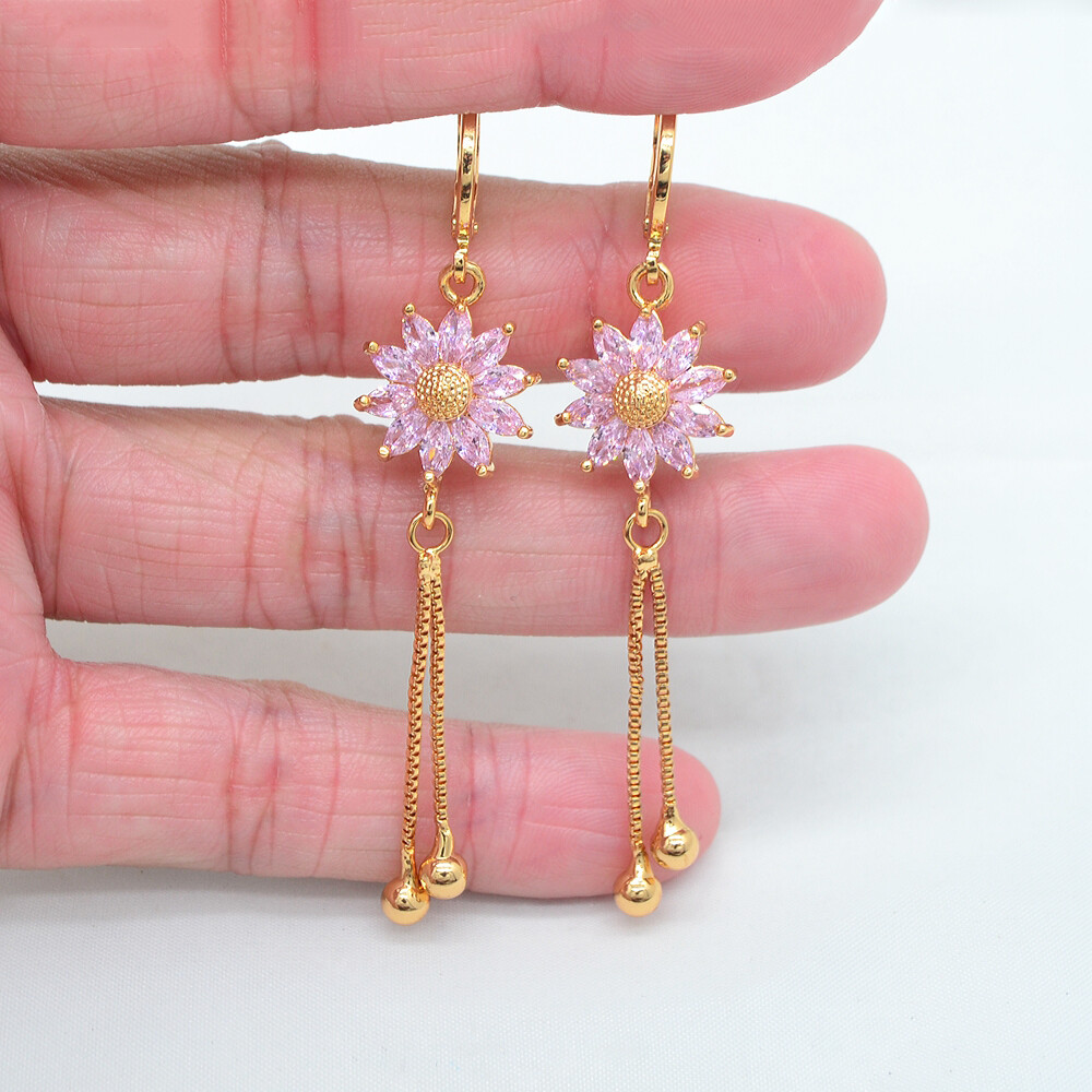 18K Yellow Gold Filled Women Clear Mystic Topaz Sunflower Tassel Earrings