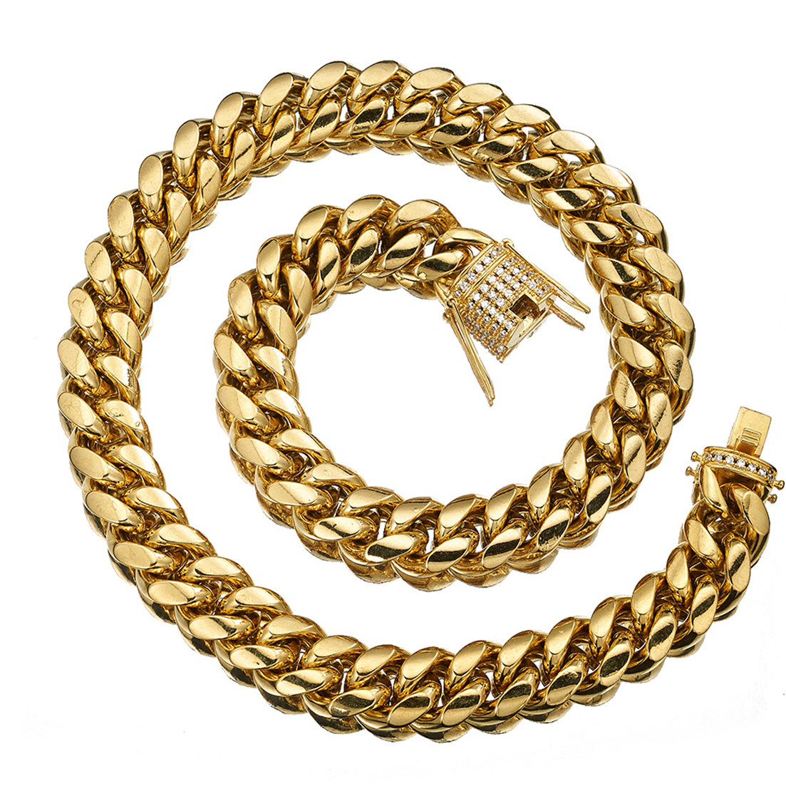 Miami Cuban Link Chain Necklace Rhinestone Clasp 18K Gold Plated Stainless Steel