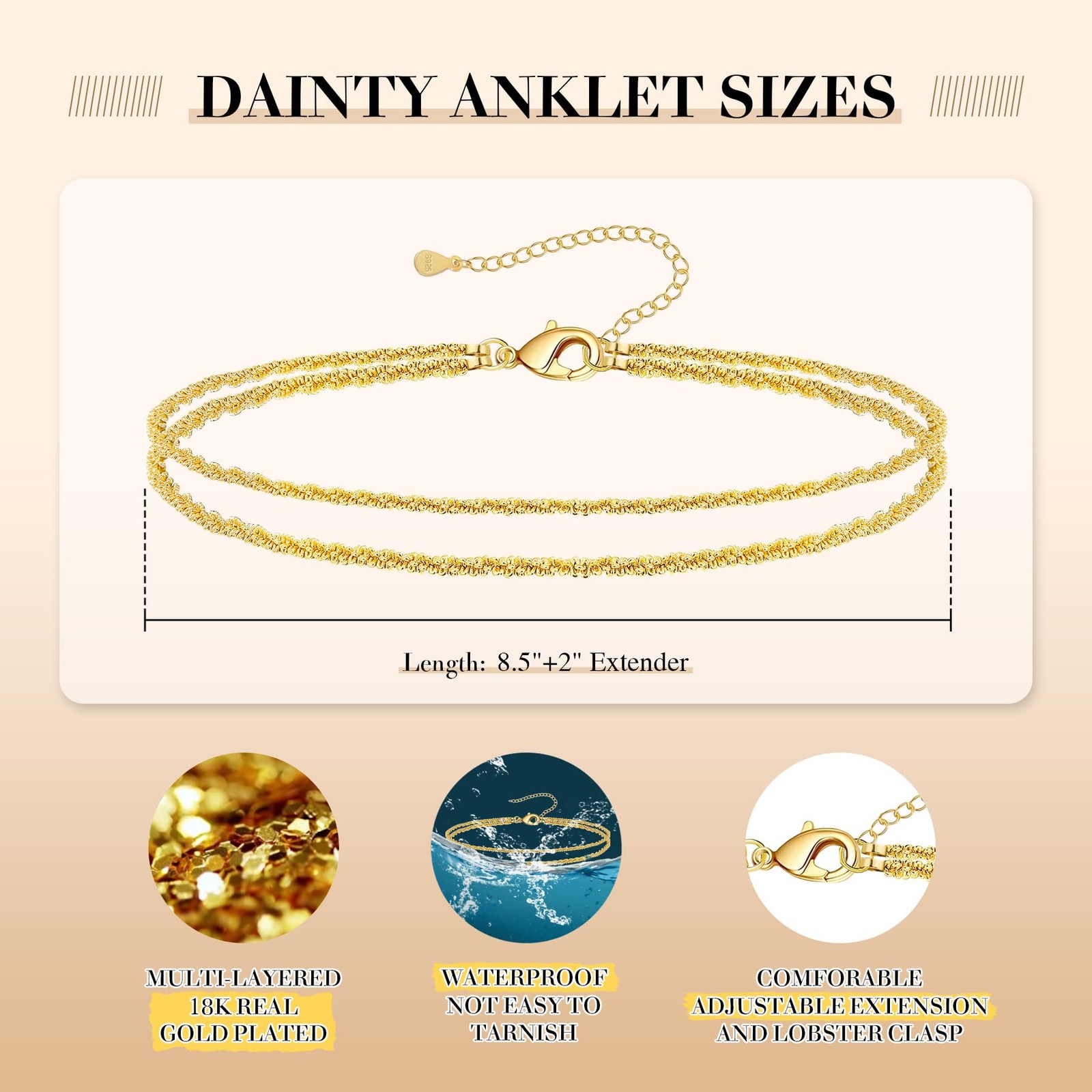 Sterling Silver Ankle Bracelets Dainty Layered Adjust Waterproof Anklet Women US