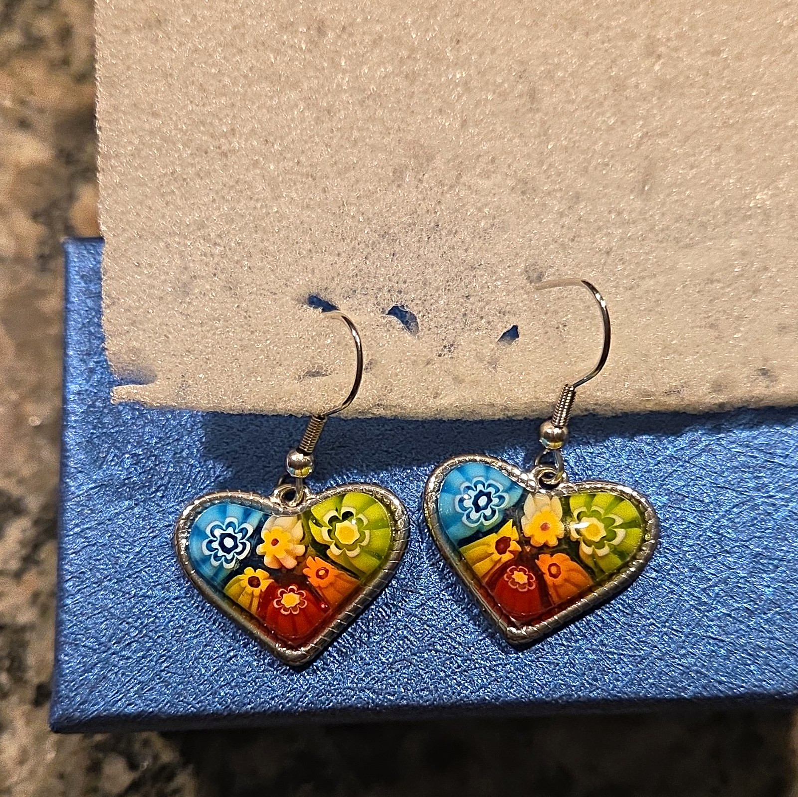 Heart Dangle Murano Style Earrings. In Stainless Steel