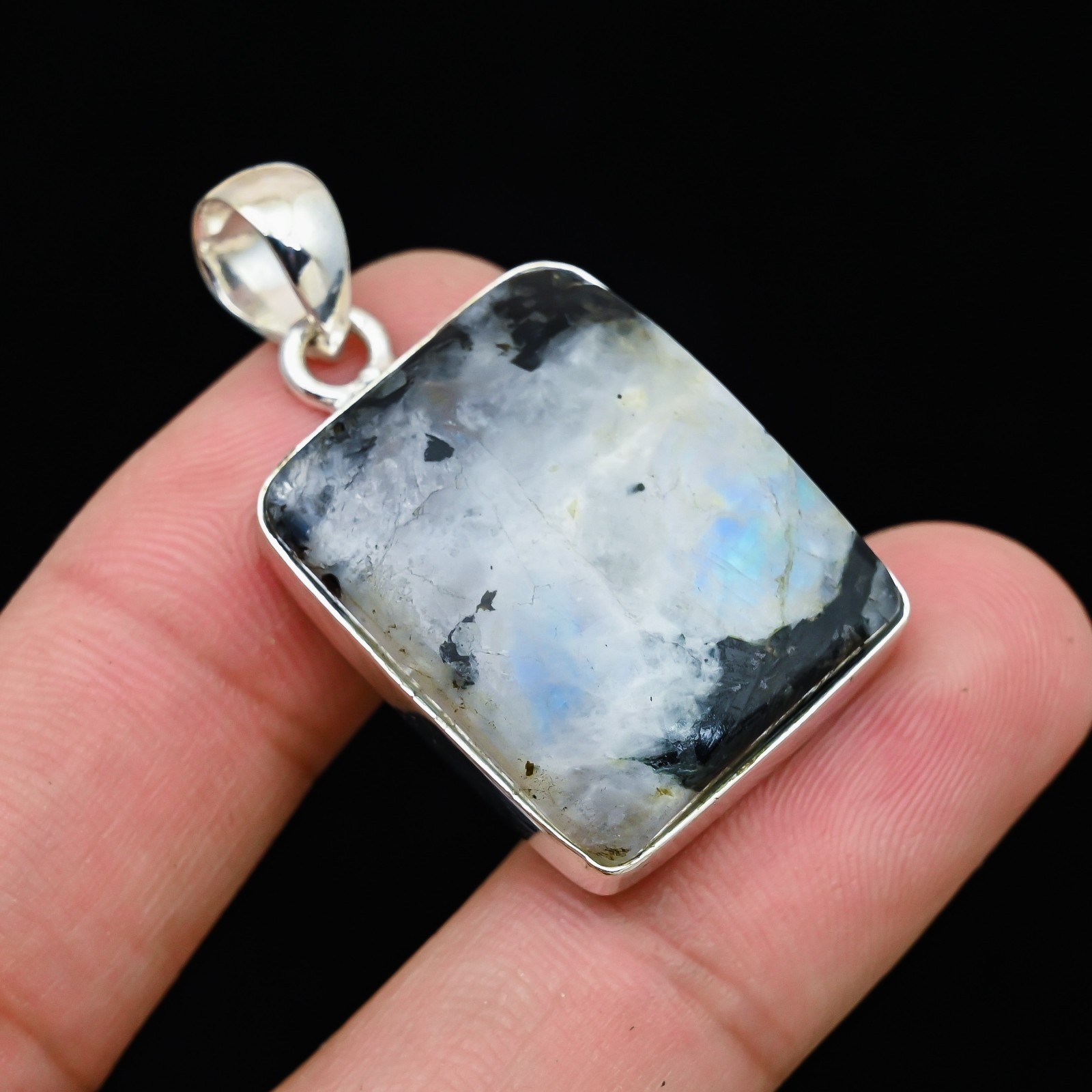 Rainbow Moonstone Gemstone 925 Sterling Silver Handmade Pendant Jewelry Gift For