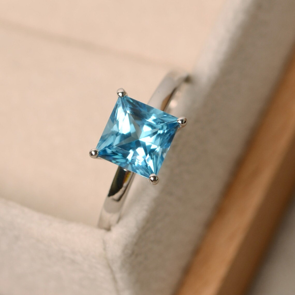 2CT Blue Topaz Square Gemstone 925 Silver Plated Solitaire Ring Duty Free