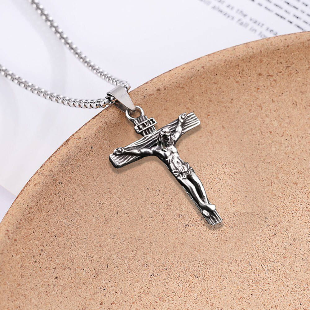 Men Stainless Steel Jesus Christ Crucifix Cross Pendant Chain Necklace