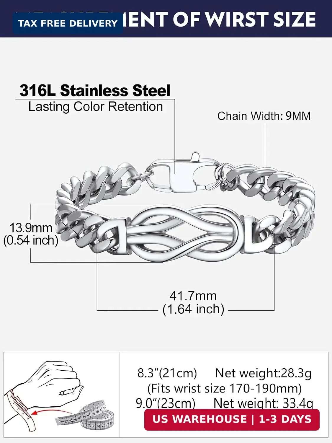 Inifinity Love Knot Cuban Link Chain Bracelets for Men Stainless Steel/B