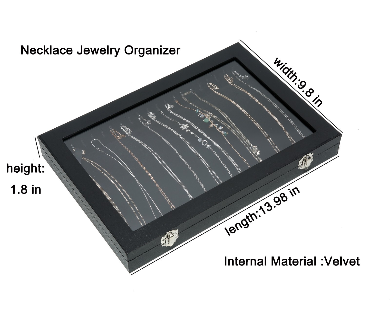 Black 20 Hooks Velvet Necklace Organizer Box Necklace Holder Tray with Clear Lid