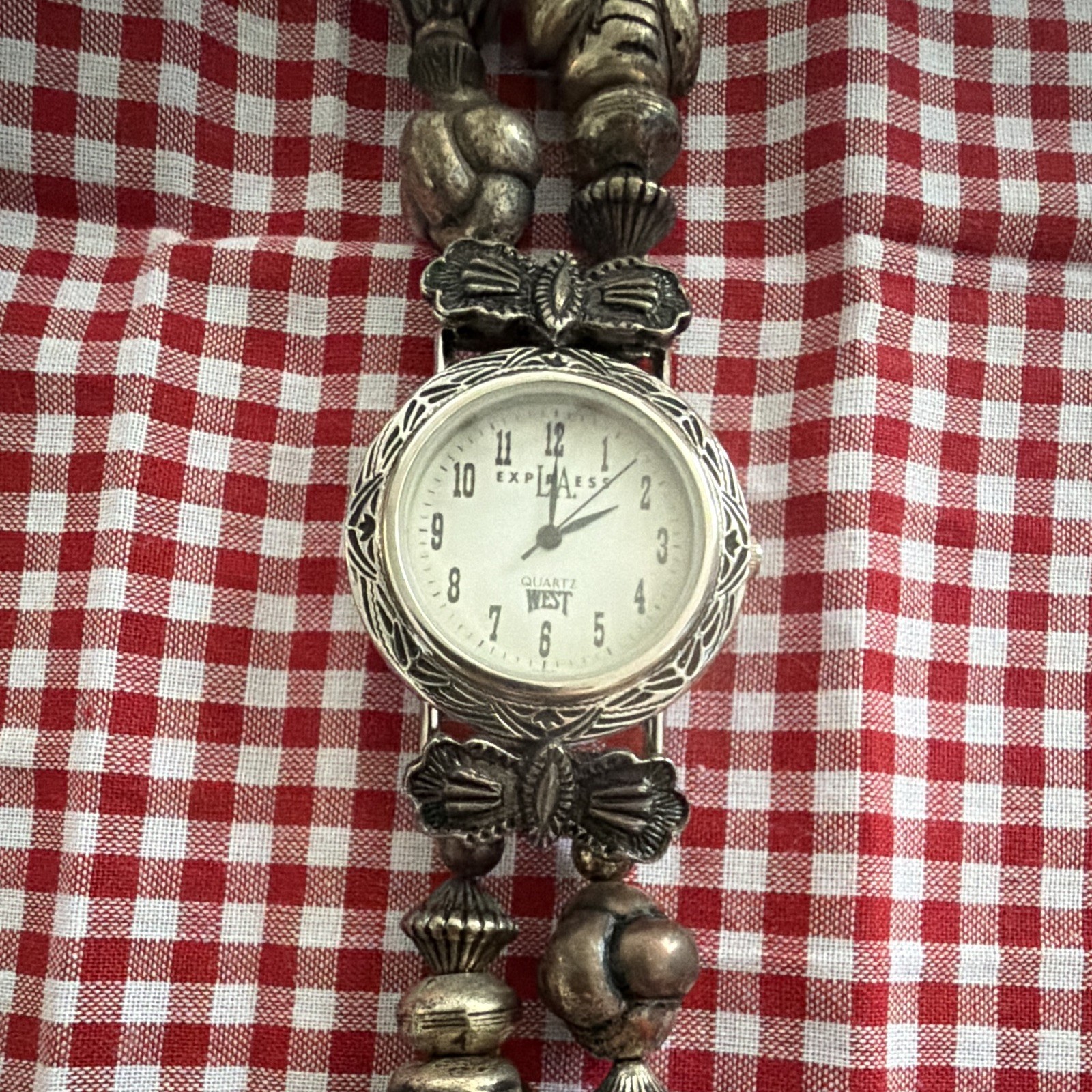 Express West Quartz Analog Watch Silver-Tone Beaded Bracelet White Dial