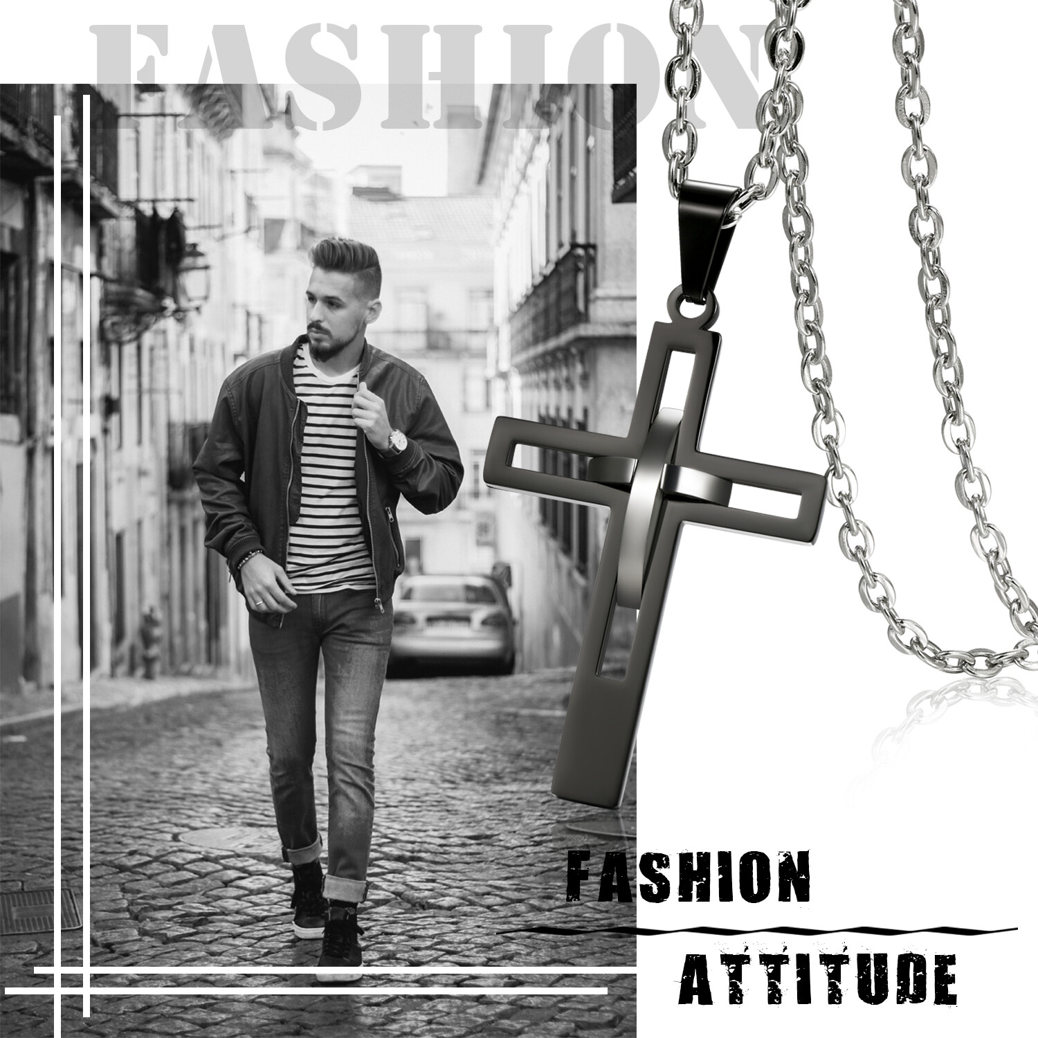 Men’s Black Silver Double Hollow Cross Stainless Steel Pendant Necklace Gift