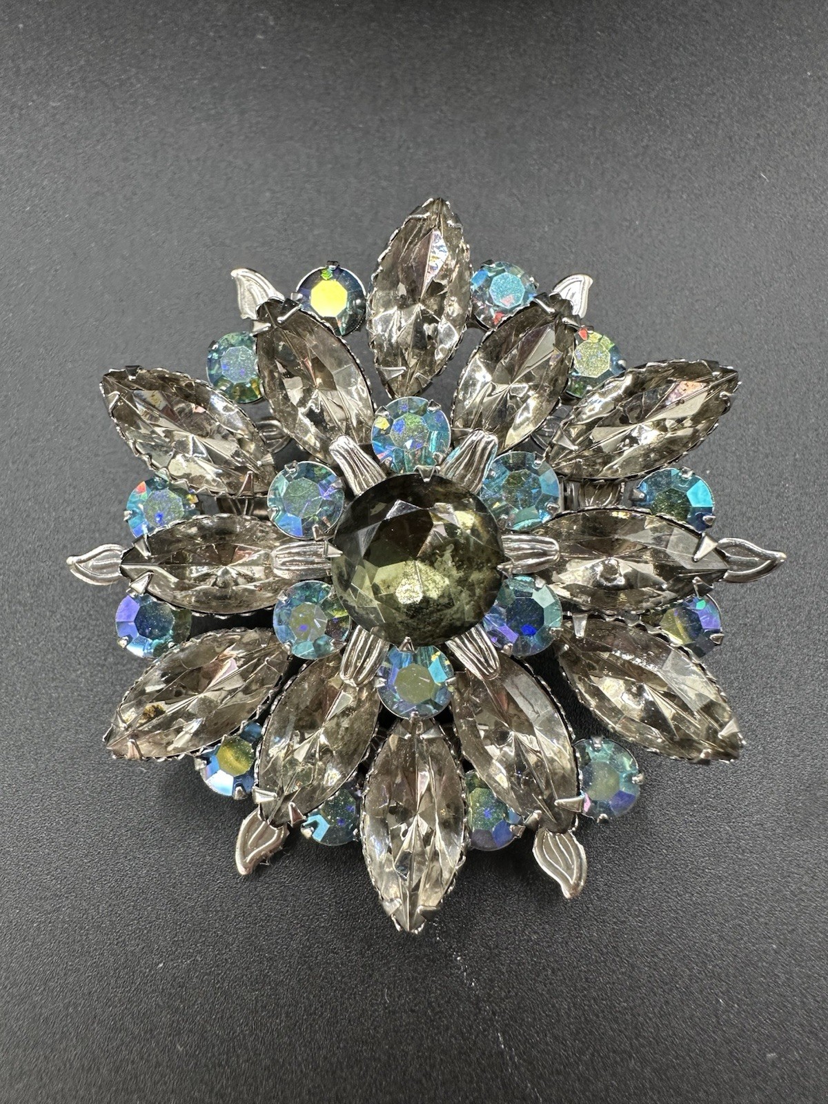 Vintage Unsigned Smoky Gray Navette Rhinestones and Blue Aurora Borealis Brooch