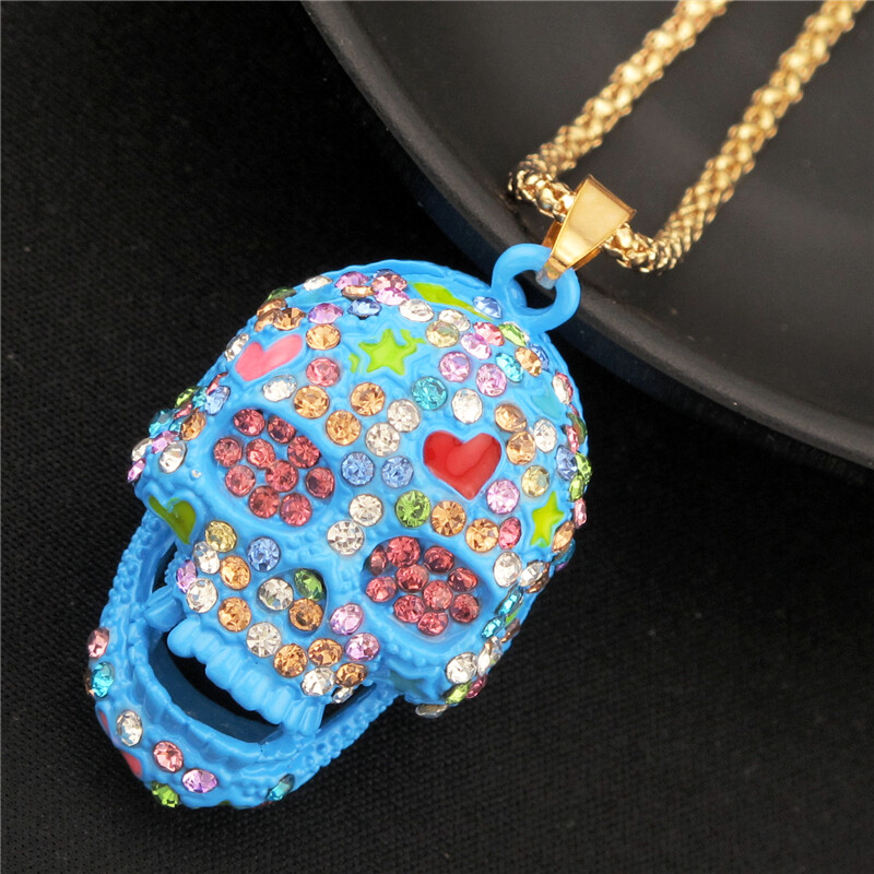 Fashion Women Blue Rhinestone Cute Enamel Love Skull Pendant Chain Necklace
