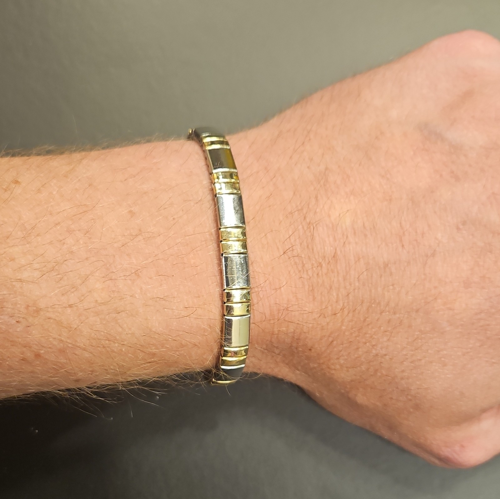 Two Tone Silver Gold Stretch Bangle Bracelet, Stainless Steel, No Stone