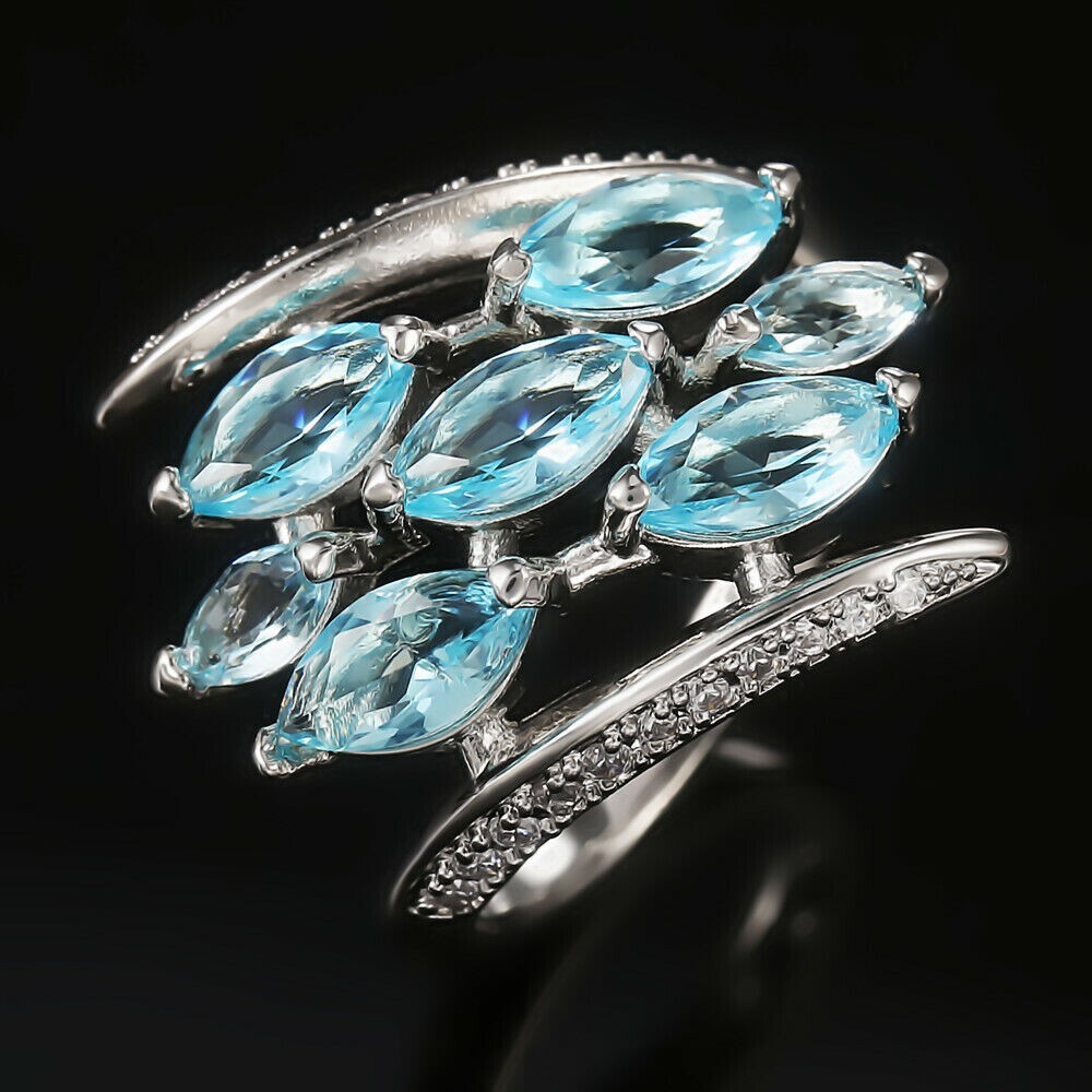 925 Silver Plated Christmas Gifts Ring 3.15Ct Simulated Aquamarine Sweeping Ring