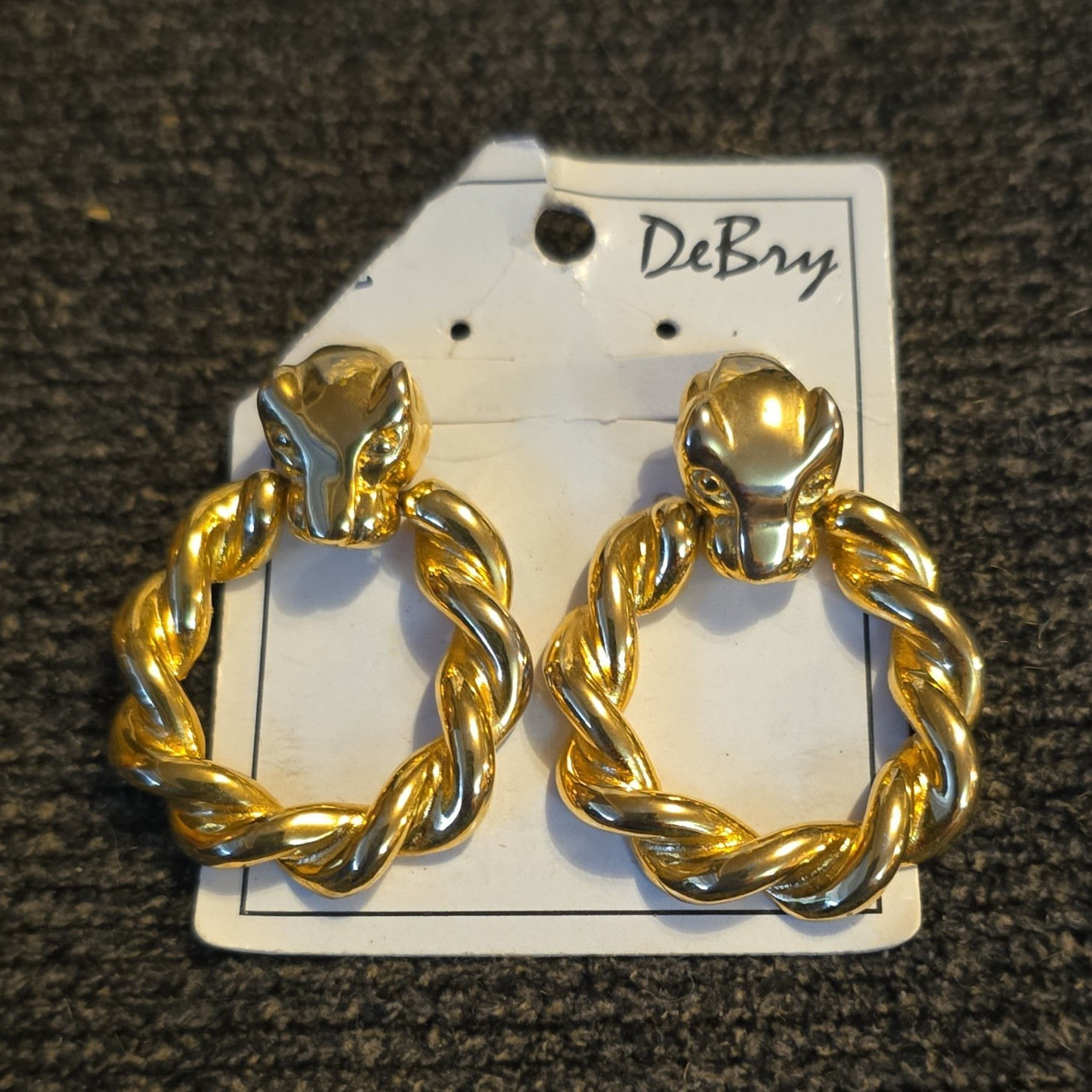 Vintage DeBary Gold Tone Twisted Hoop Dangle Earrings Metal Round No Stone