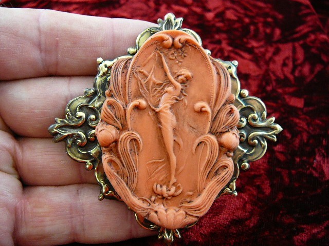 (CL25-9) WOMAN lady of the lake tree orange CAMEO brass Pin Pendant brooch