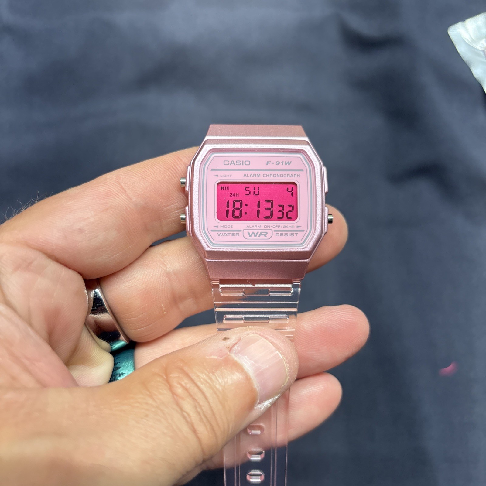 F91W Double Pink Clear Strap Digital Mod Watch