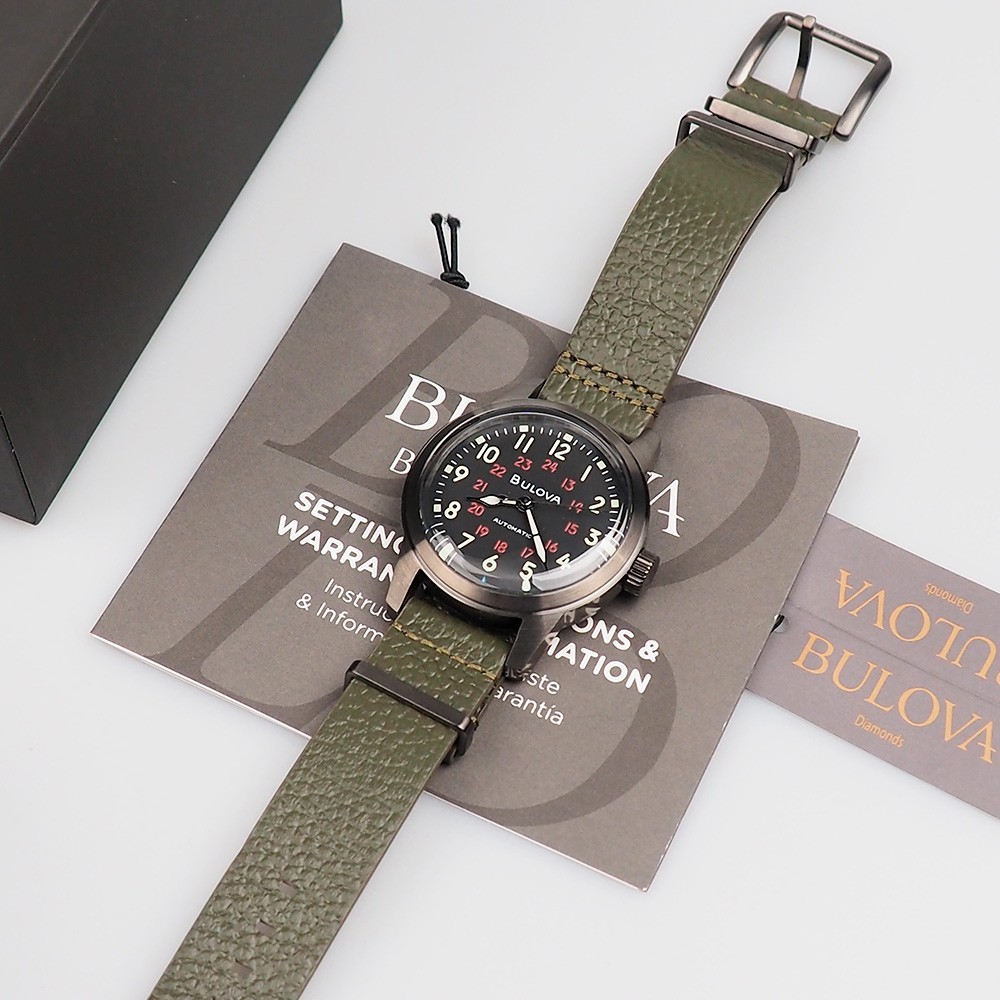 Men’s Bulova Military Hack Black Dial Green Leather Strap Automatic Watch 98A255