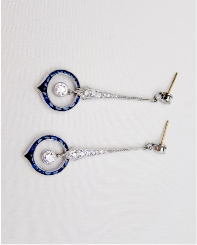 Art Deco Style Round Simulated Diamond & Sapphire Earring 14K White Gold Plated