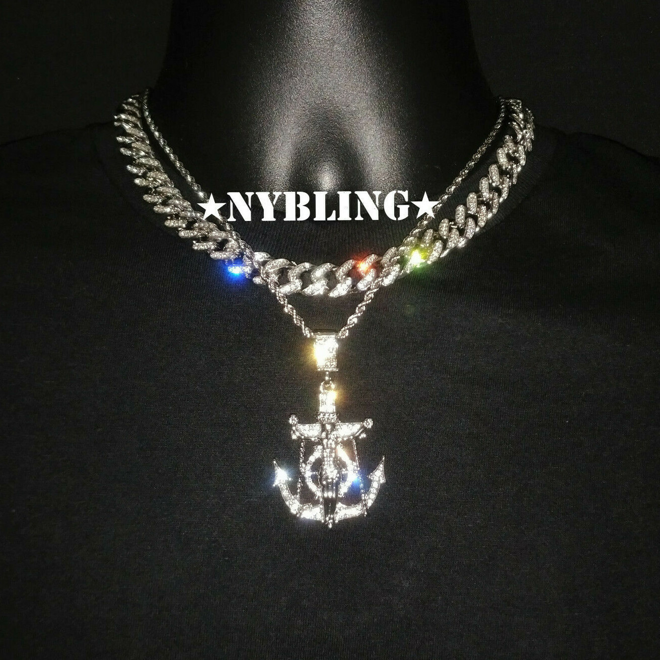 3PC SET, Miami Cuban Chain CZ Necklace, Rope Chain & Jesus Anchor Pendant Plated