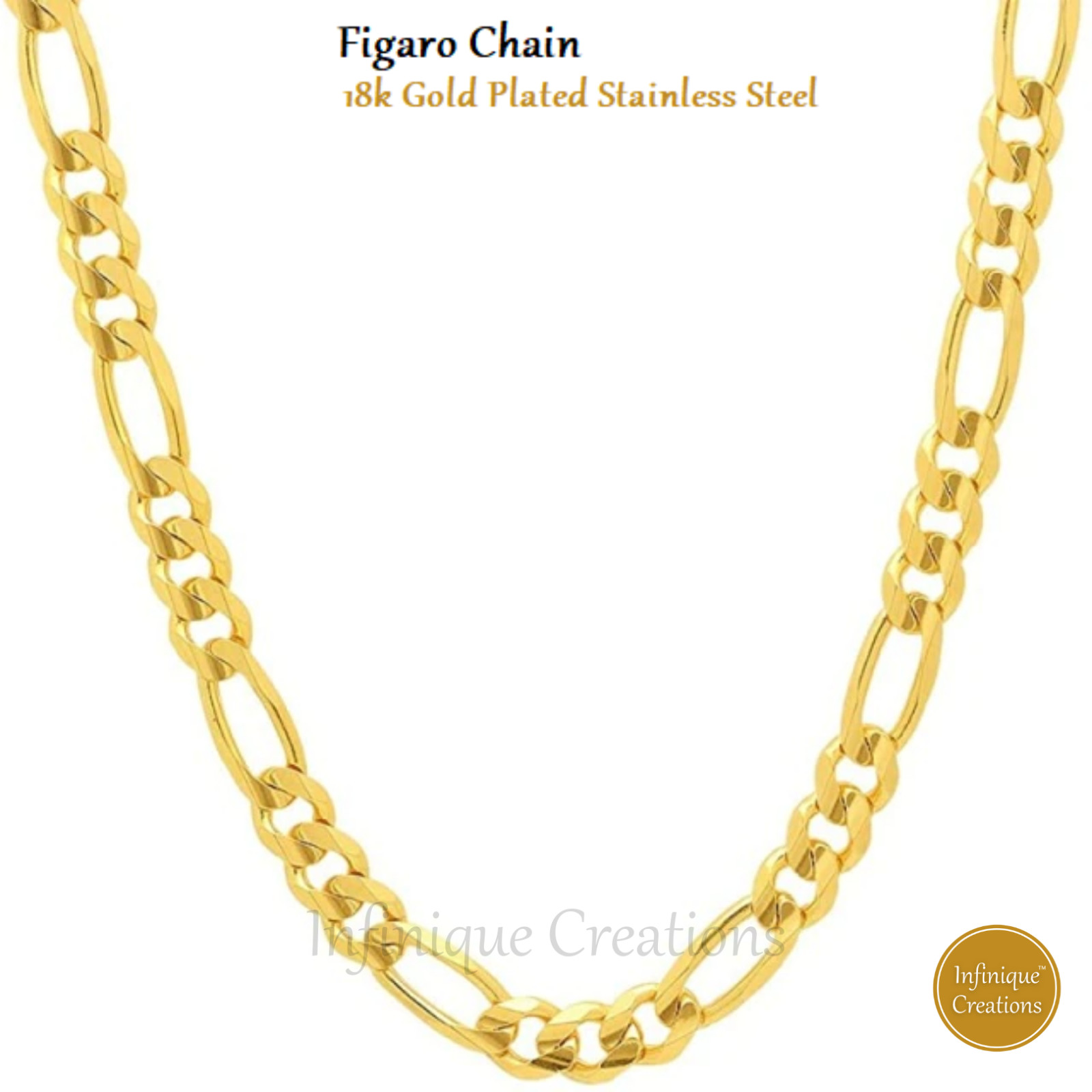 18K Gold Plated Stainless Steel Figaro Chain Bracelet Necklace 7-38″ 3-12mm