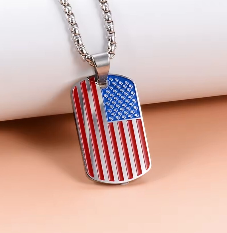 Enamel Silver Colored USA Flag Dog Tag Style Pendant no chain