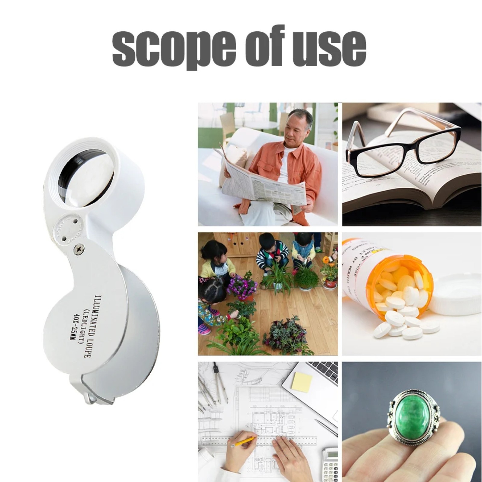 40X Magnifying Loupe Jewelry Eye Glass Magnifier LED Light Jewelers Loop Pocket