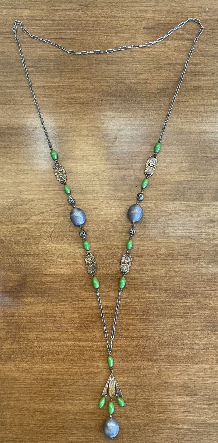 Antique Art Deco Czech Green Glass Beads Lavalier Flapper Necklace Roaring 20s
