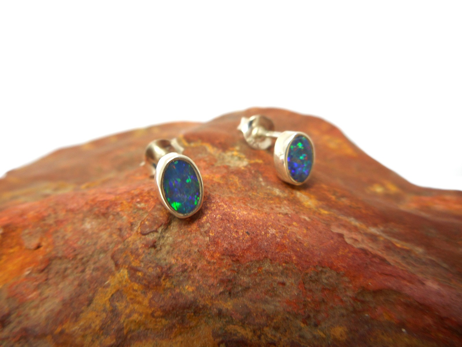 Natural Small Australian Opal Stud Earrings – Sterling Silver Gemstone