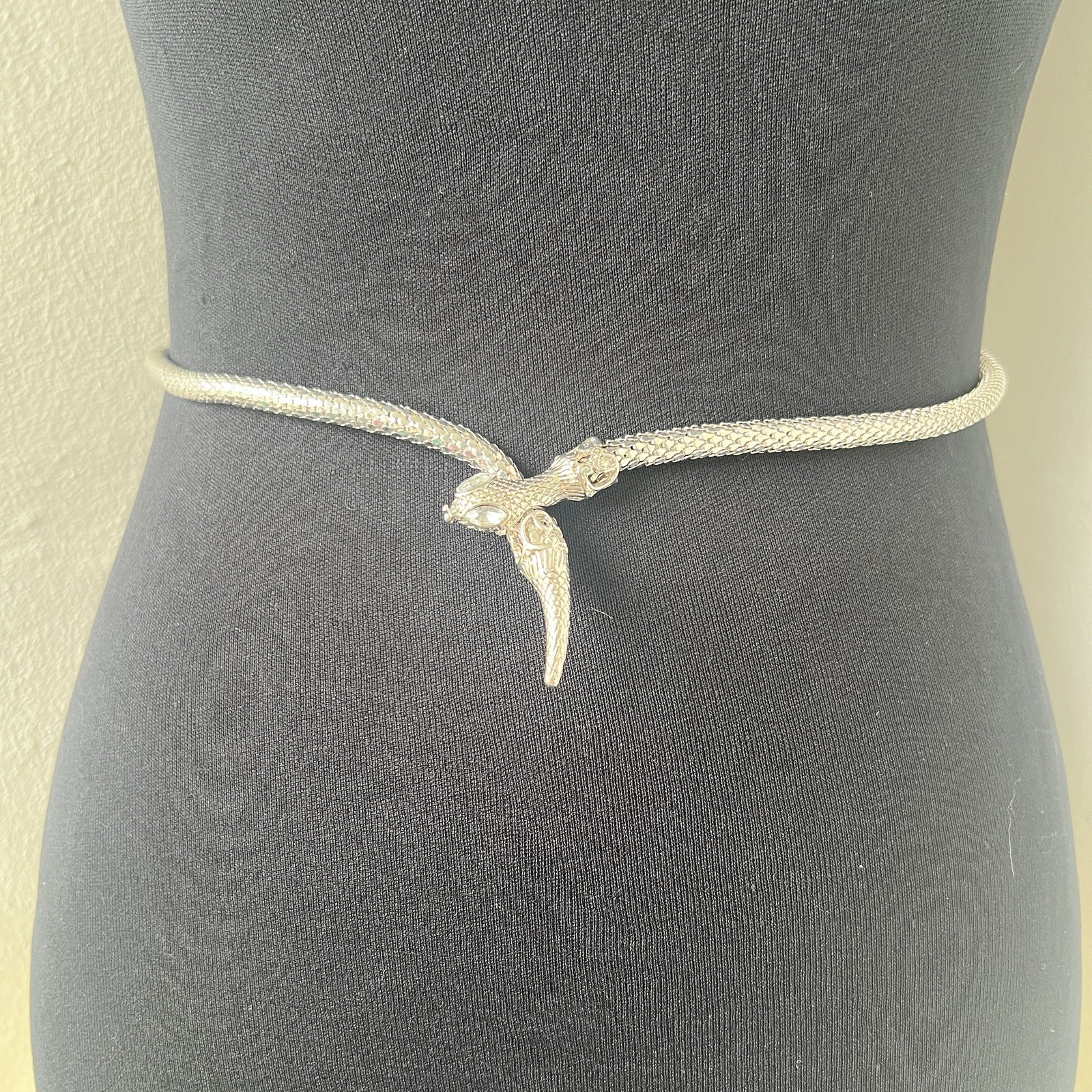 Vintage Silver Chainmail Mesh Serpent Snake Belt Necklace Adjustable Lariat 30”