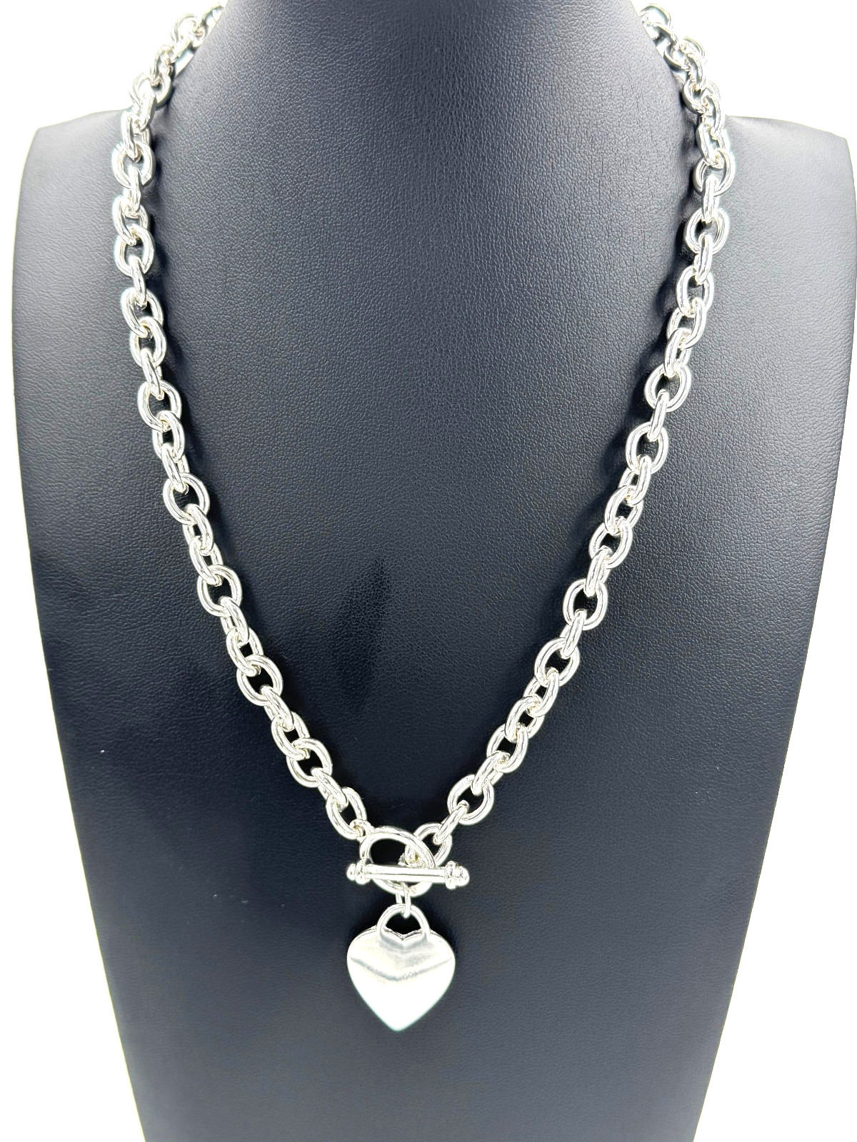 Heart Tag Pendant Toggle Thick Chain Necklace Silver