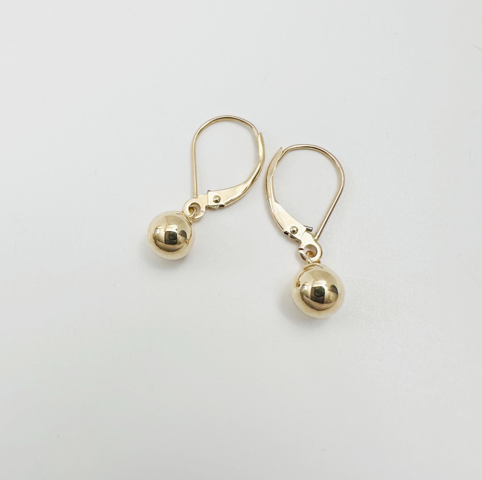 14K Solid Yellow Gold 6mm Ball Bead Drop/Dangle Leverback Earrings 23mm .90″