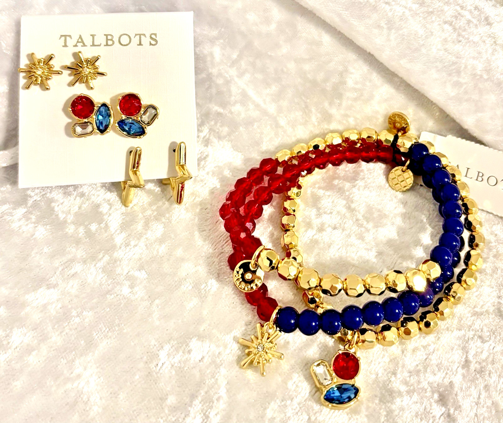 TALBOTS BRIGHT RED, BLUE & GOLD AMERICANA STRETCH BRACELETS & EARRINGS SET (NWT)