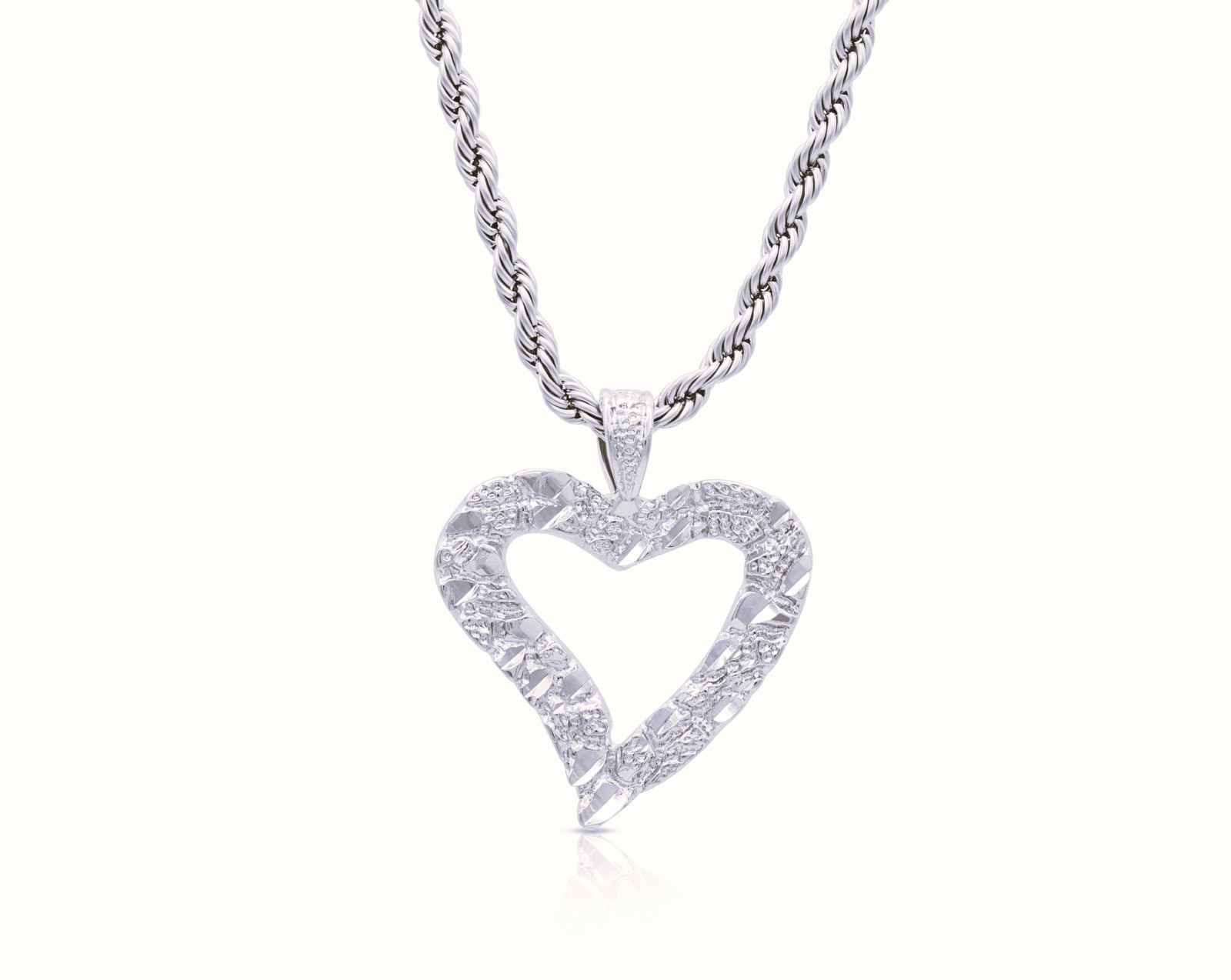 Silver Nugget Heart Necklace: 3mm Fremch Rope Chain, Lifetime Replacement Guaran