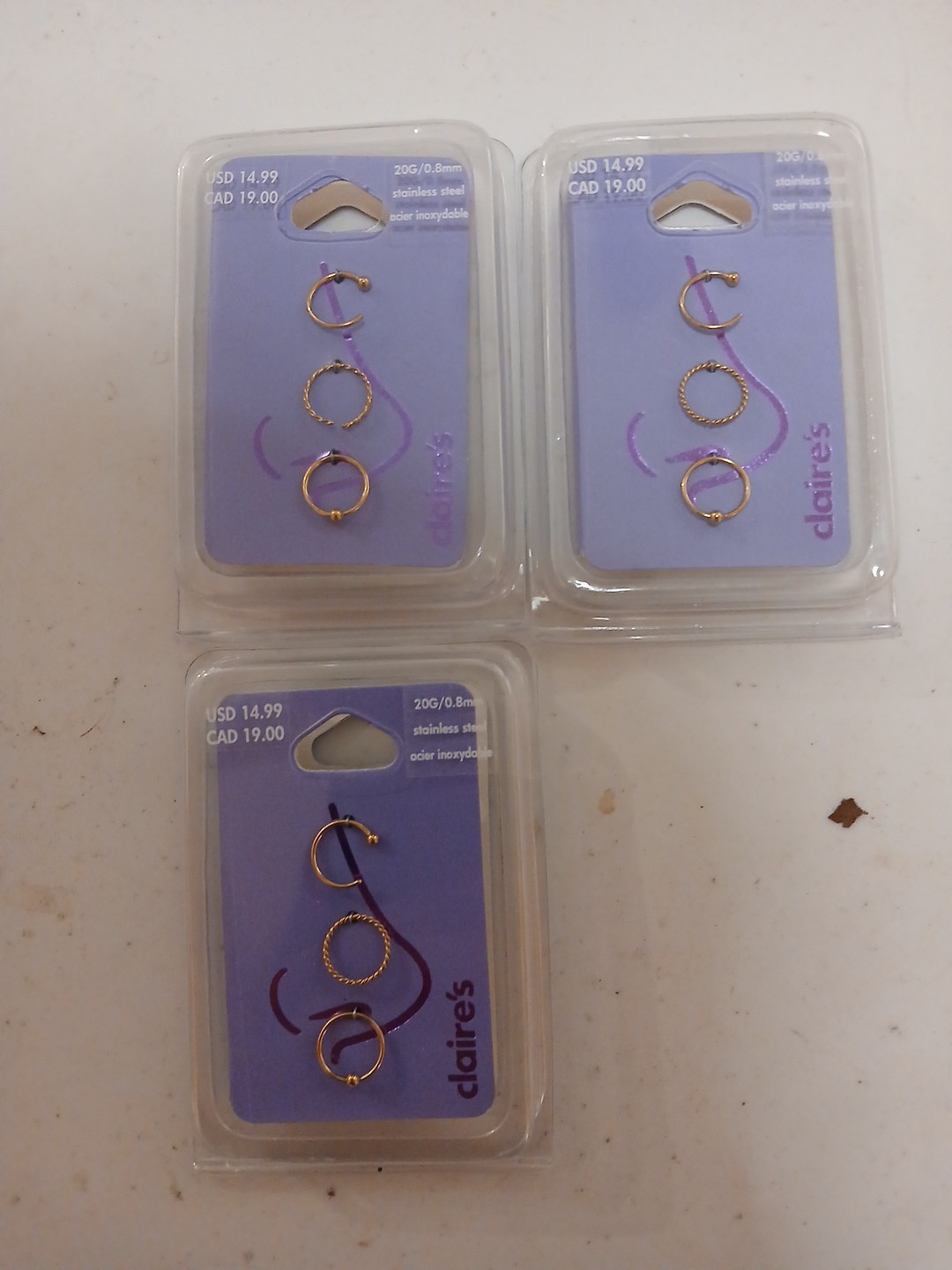 Lot Of (3) Claire’s Jewelry Nose Rings 20g/0.8mm. MSRP $45 Great For Resale! NWT