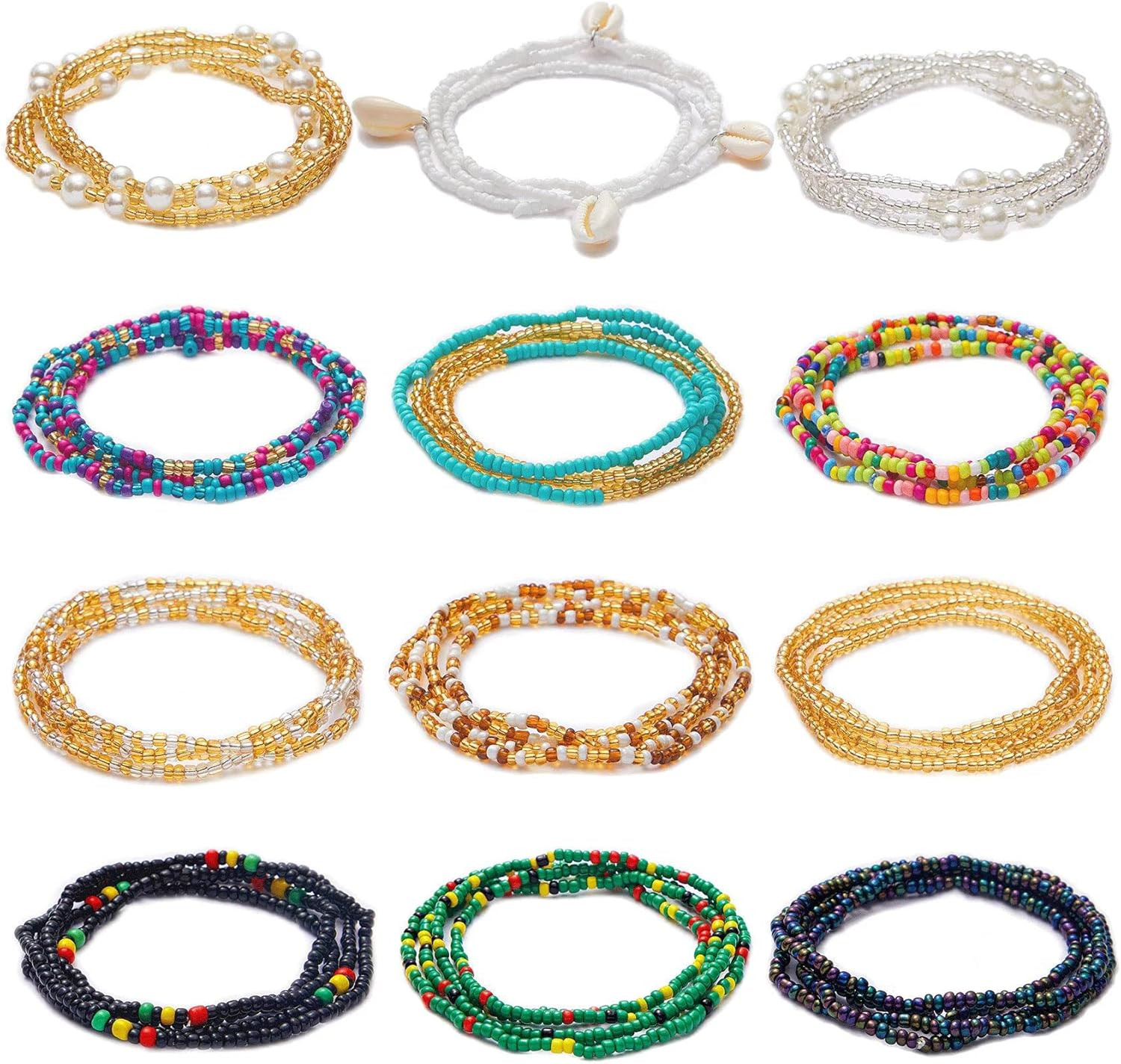12PCS 24-70 Inches plus Size Waist Beads Chains for Women Handmade African Belly