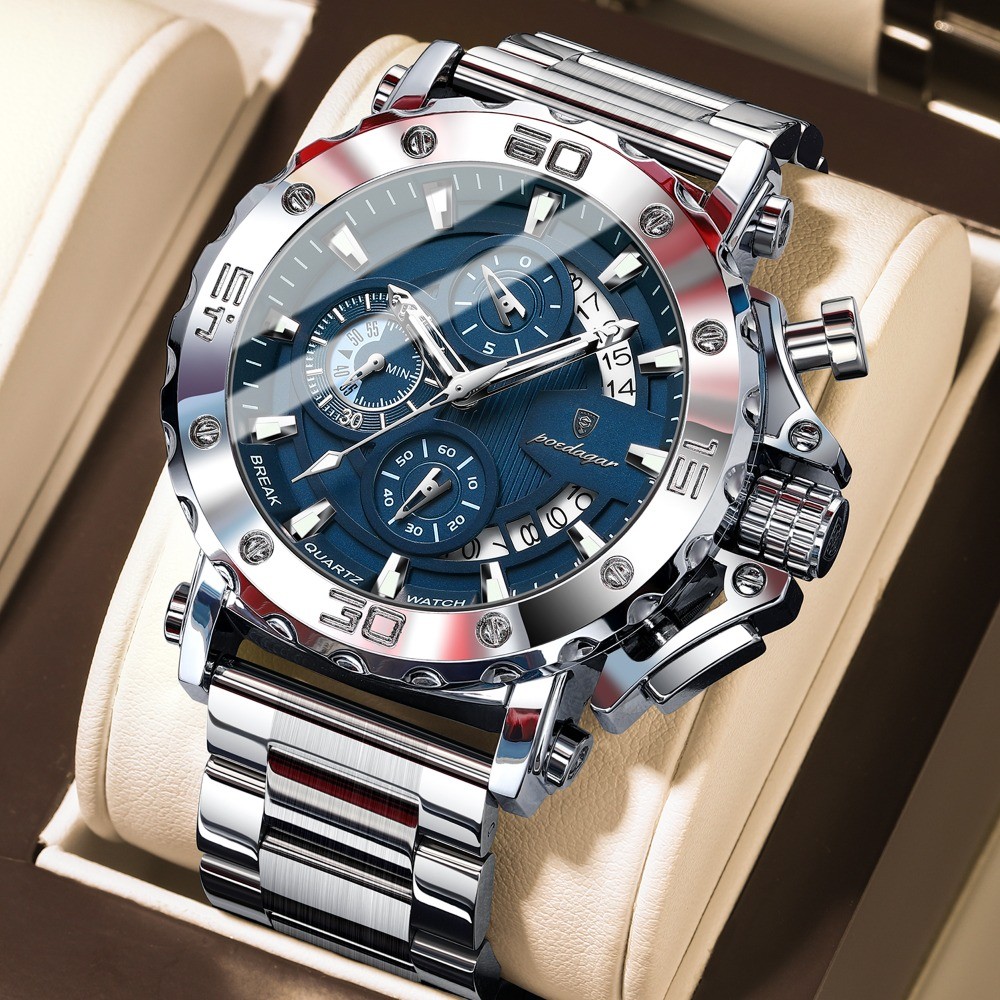 POEDAGAR Luxury Men’s Calendar Luminous Waterproof Stainless Steel Quartz Watch