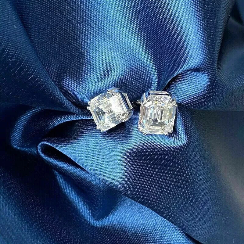 4Ct Asscher Cut Real Moissanite Solitaire Stud Earrings 14K White Gold Plated