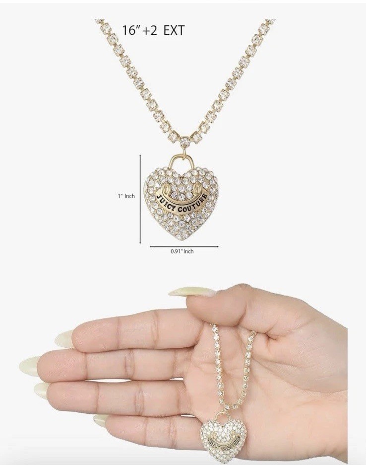 Juicy Couture Crystal Heart Gold Tone Pendant Necklace 16-Inch + 2” = 18-In