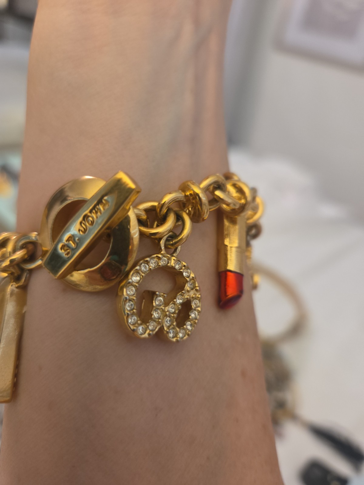 Vintage St John Charm Bracelet Crystal gold Logo Crystal Couture 9 Charm