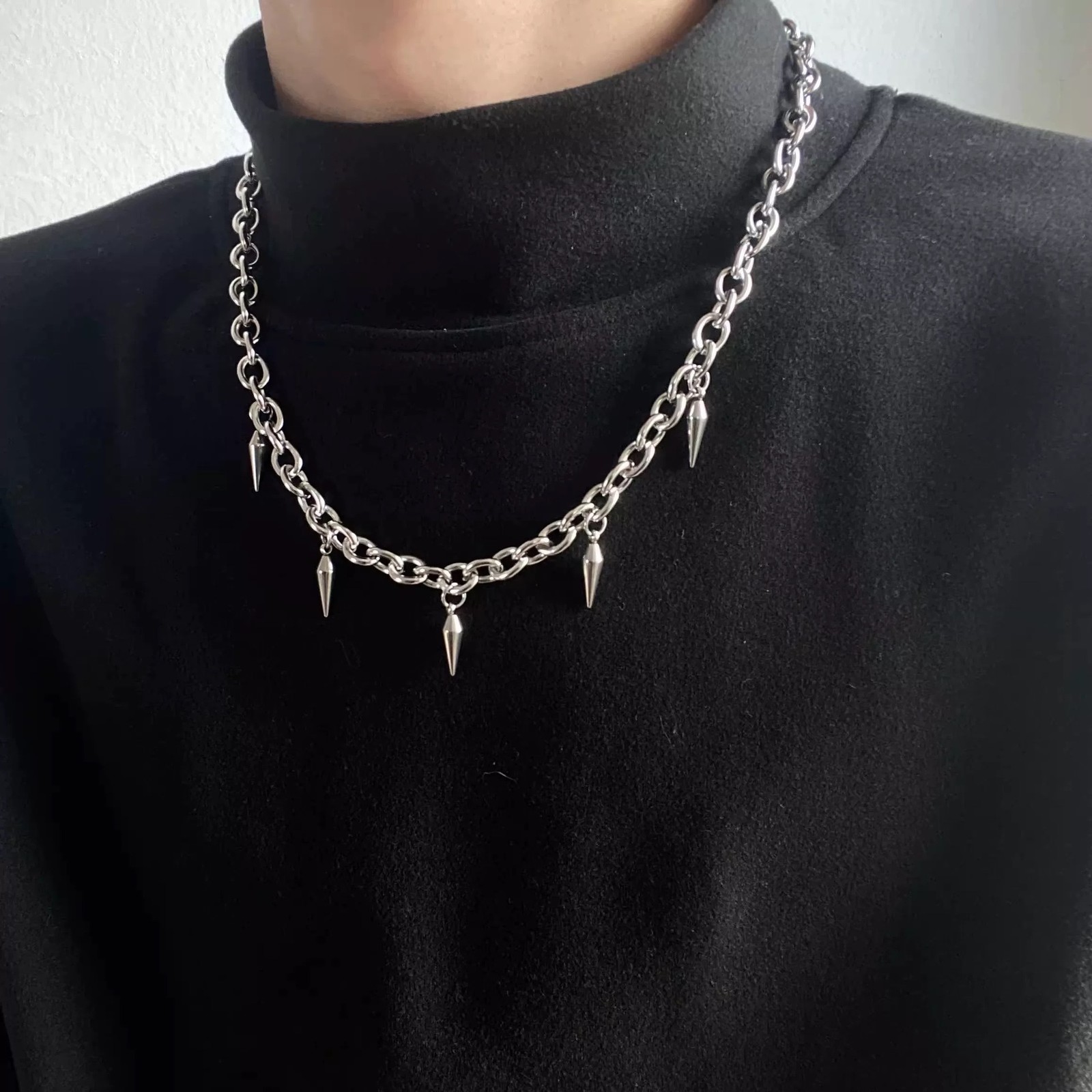 Stainless Spike Bullet Pendant Oval Link Choker Unisex Adjustable Necklace