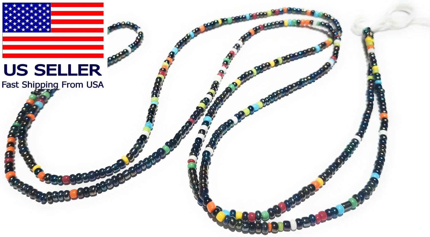 African Waist Beads, Multicolor Seed Beads, 44-Inch Traditional Tie-On Belly Bea