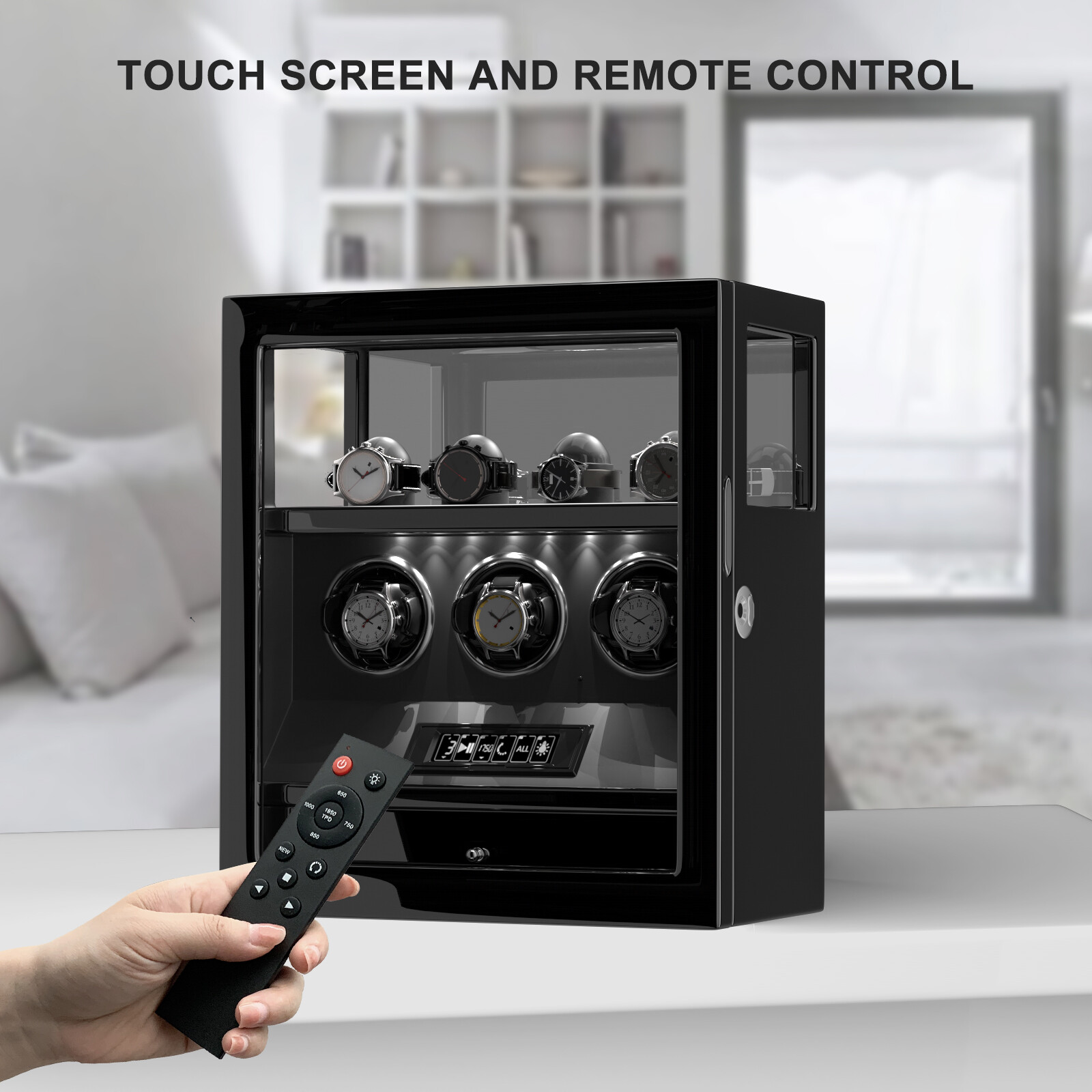 Fingerprint Lock 3 Watch Winder W/ Extra Watches Storage LCD Remote Control LED