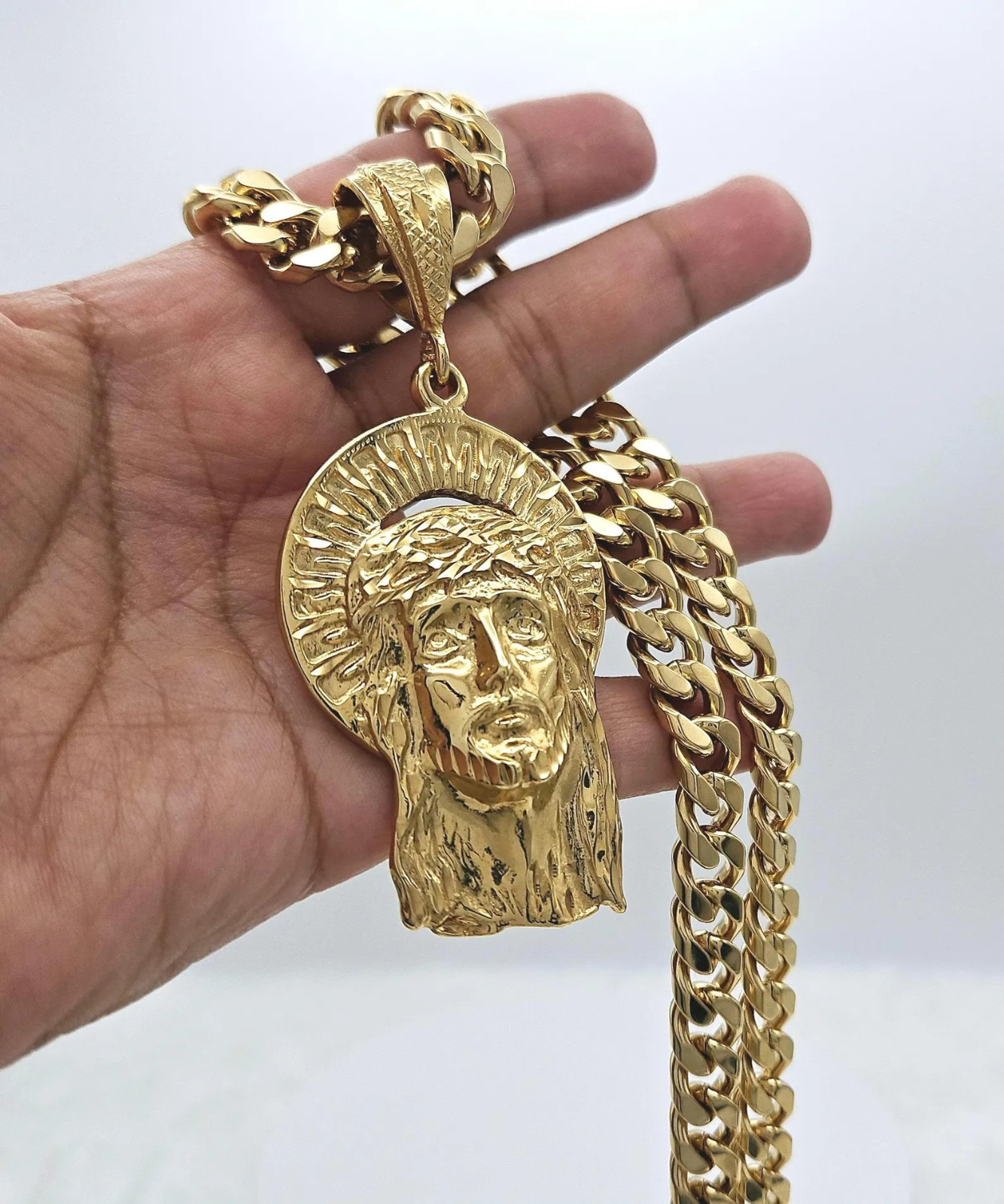 Jumbo Jesus Necklace, 14k Heavy Gold Plated, 10mm Cuban Style Chain