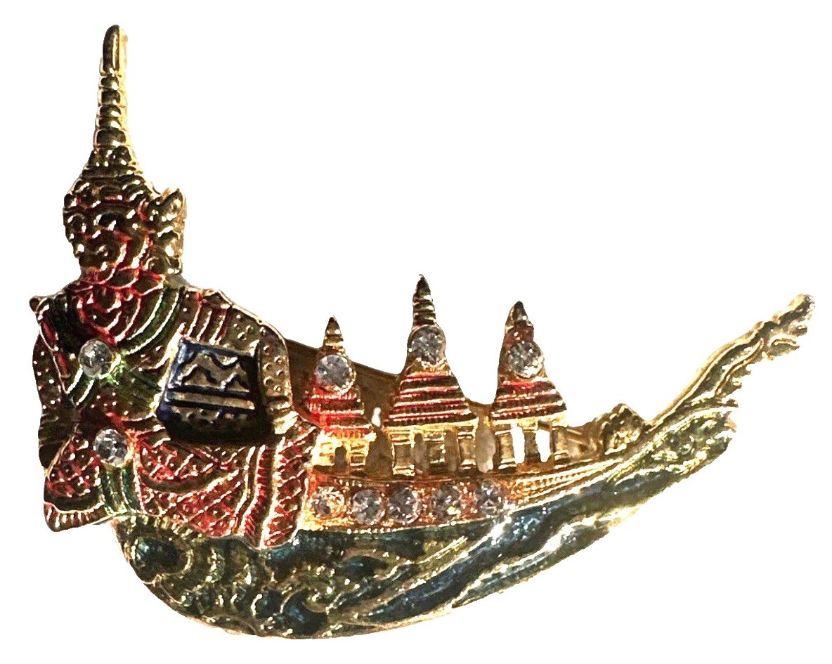 Brooch Pin Siam Gondola Thai Gold Rhinestones Enameled Vintage 2.5″